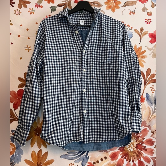 Gap Kids 14/16 Blue White Cotton Gauze Gingham Plaid Preppy Button Long Sleeve - Picture 3 of 7